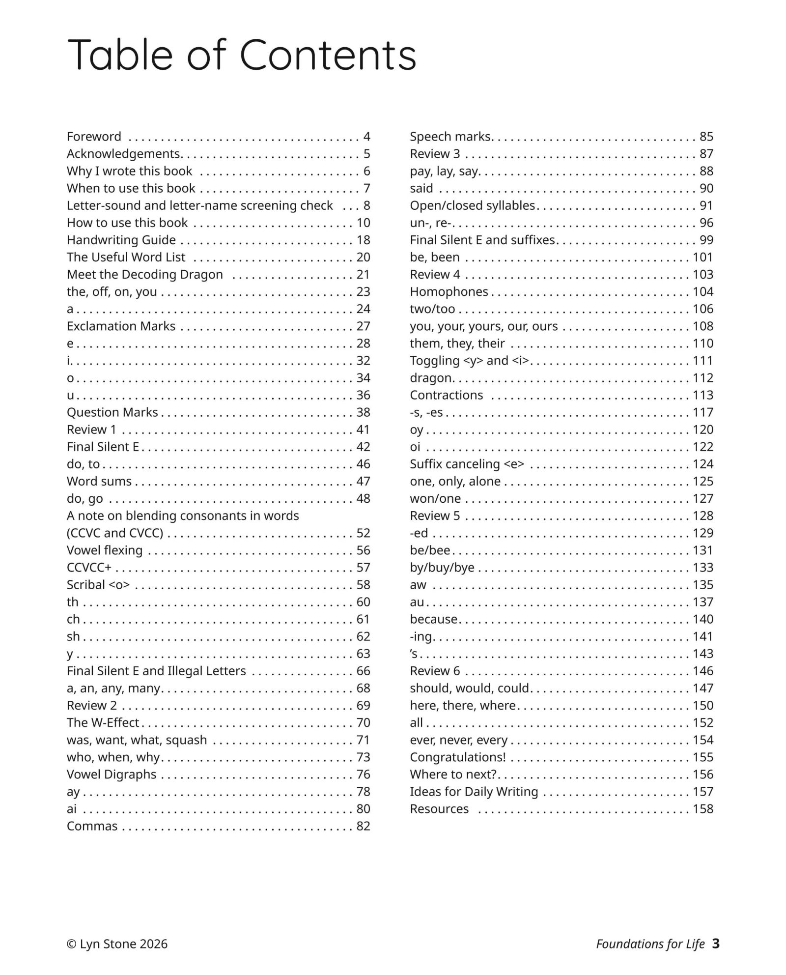 Foundations for Life by Lyn Stone, table of contents page
