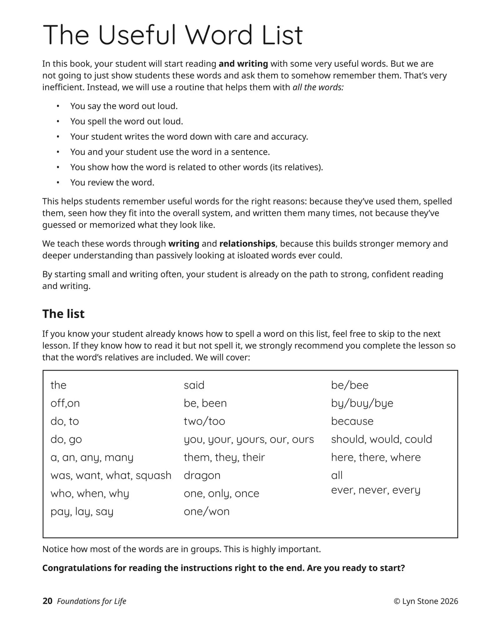 Foundations for Life sample page: The Useful Word List