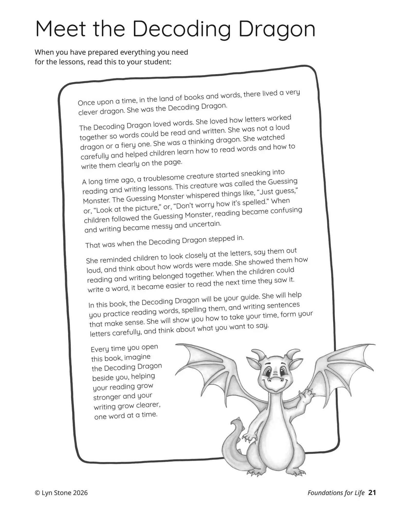 Foundations for Life sample page: Meet the Decoding Dragon story with dragon illustration