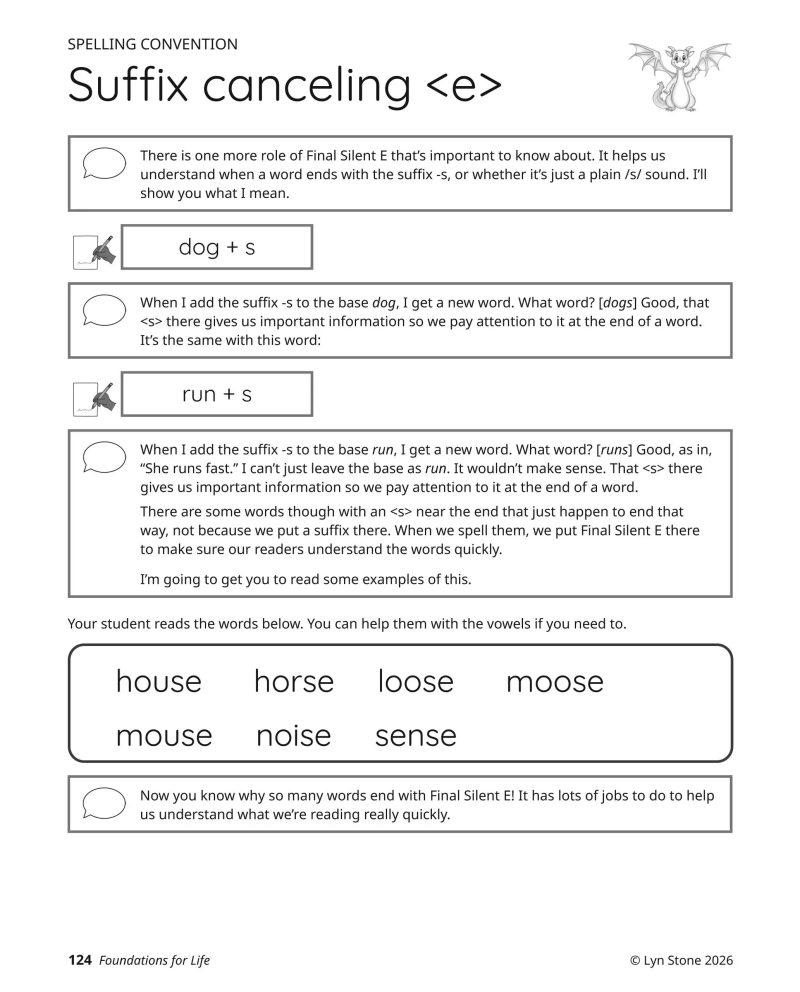 Foundations for Life sample lesson page: suffix canceling e spelling convention