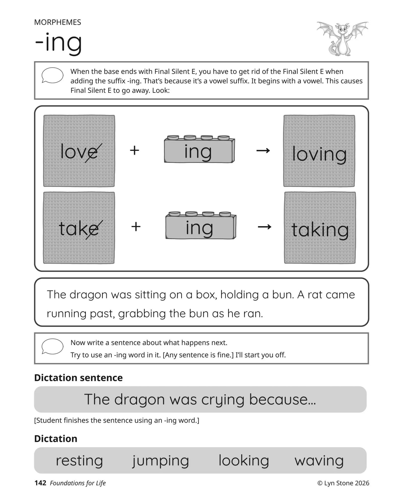 Foundations for Life sample lesson page: the -ing suffix with word sums and dictation