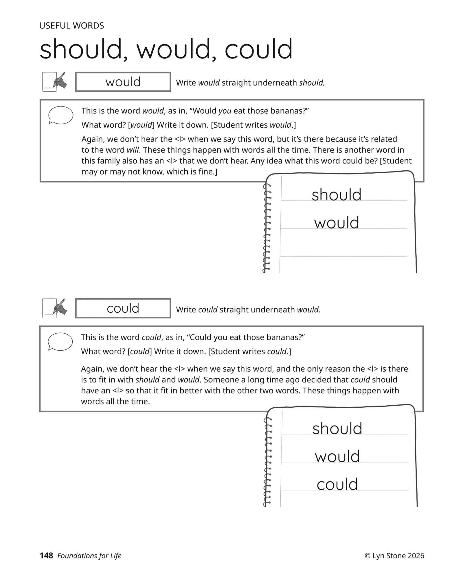 Foundations for Life sample lesson page: useful words should, would, could